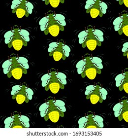 Fireflies from the beetle family. Night fireflies are green, large and small with three wings, two bright and one green. Beetle pattern with big black eyes.
