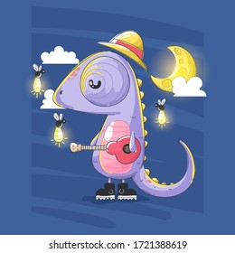 Fireflies and chameleon playing guitar