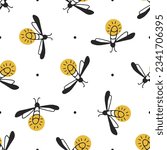 Fireflies doodle. Seamless pattern. Simple print.