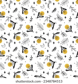 Fireflies and flowers doodle. Seamless pattern. Simple print.