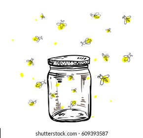 fireflies flying around the jar in hand drawing