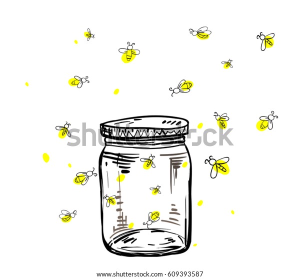 Fireflies Flying Around Jar Hand Drawing Stock Vector (Royalty Free ...