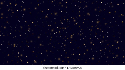 Fireflies flying in the night, yellow sparkles on a dark blue background. Golden stardust light effect. Abstract evening sky vector backdrop.