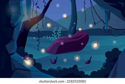 Fireflies at forest. Beautiful scene at night in nature, charming insects. Mysticism, fantasy and imagination landscape, dreams. Poster or banner for website. Cartoon flat vector illustration