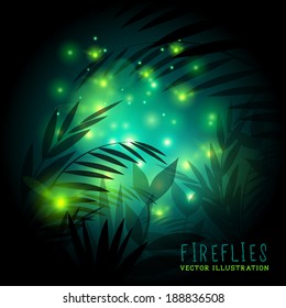 Fireflies in the forest at night - vector illustration.