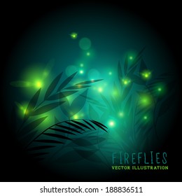 Fireflies in the forest at night - vector illustration.
