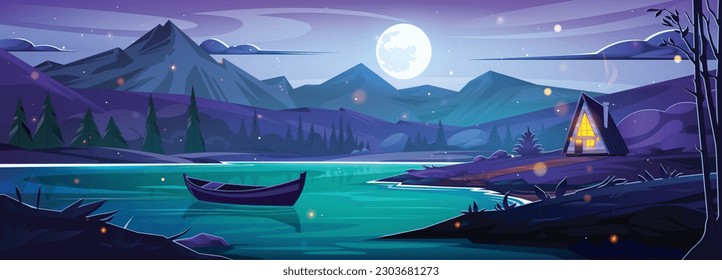 Fireflies in night alps forest near boat in lake cartoon vector landscape. Moon in sky with cloud above river and pine tree. Hiking in Canada or Switzerland banner with beautiful mountainscape.