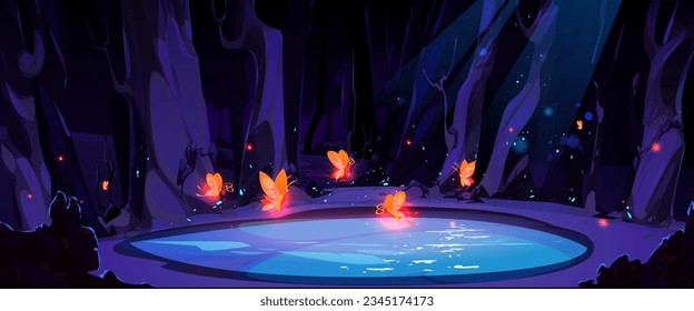 Fireflies on swamp in forest cartoon vector illustration. Magic glowing butterflies flying under water lake surrounded by trees and plants. Purple fantasy background with luminescent glowworm.