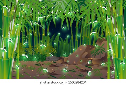 firefly at the bamboo forest in the night