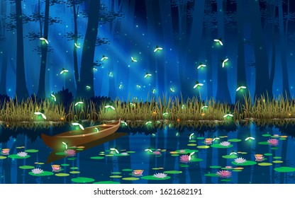 firefly and boat in the swamp in the full moon night