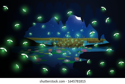 firefly in the cave at the river in the full moon night