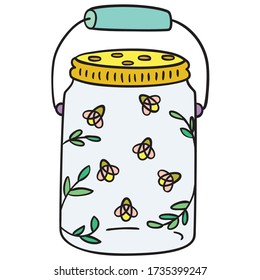 Firefly colored freehand drawing, insect sketch, decorated bug in a mason jar illustration, coloring page image