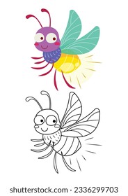 Firefly cute vector illustration cartoon isolated on white background. Firefly vector colored and colorless. Cute coloring page for kids. 