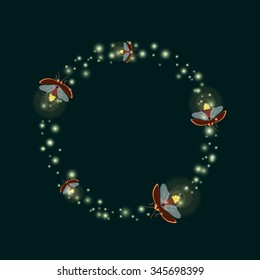 Firefly design template. Flying glowworm beetles. Lightning bugs hovering in a circle. Round shiny frame background with light bursts for cards, flyers, banners, posters, web templates.
