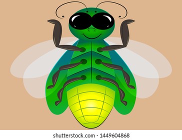 Firefly from the family of beetles. The night firefly is green with three wings of wings, two bright and one green. A cartoon beetle with big black eyes, and a tail waving. svg