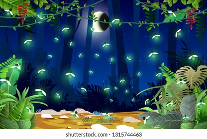 firefly flying in the jungle in the night