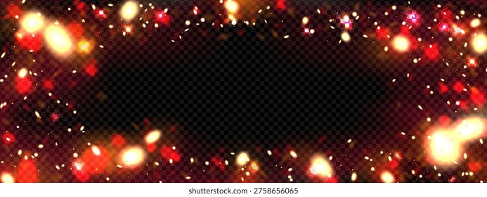 Firefly glitter magic effect. Red and pink light particle and sparkle overlay background. Flying stardust in space on frame. Forest butterfly flash trail with twinkle isolated. Fireflies Christmas