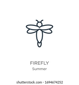 Firefly icon. Thin linear firefly outline icon isolated on white background from summer collection. Line vector sign, symbol for web and mobile