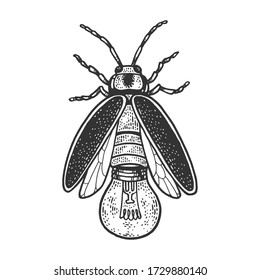 Firefly insect beetle with lamp bulb sketch engraving vector illustration. T-shirt apparel print design. Scratch board imitation. Black and white hand drawn image.