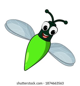 Firefly Insect Cartoon Illustration Isolated On White Background. Skylight Bug With Glowing Abdomen. Comic Cute Character With Eyes And Smile. Vector Firebug Icon. Eps 10 Design.