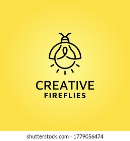 Firefly insect with electric light bulb lamp simple line art logo design