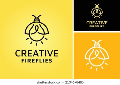 Firefly insect with electric light bulb lamp simple line art logo design