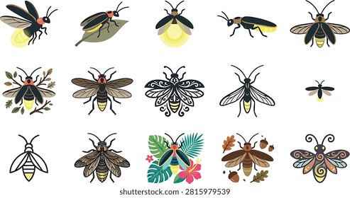 Firefly insects vector illustration set featuring glowing lightning bugs night beetles tropical designs and ornate artistic elements.