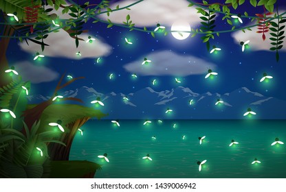 firefly in the jungle on the cliff in full moon night