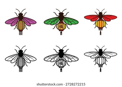 Firefly Lantern Illustrations vector isolated on white, colored and line art only include.