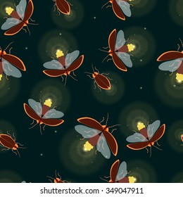 Firefly pattern. Flying glowworm insect. Lightning bug with its wings closed and open. Isolated vector illustration. 