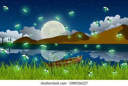 Firefly At The River In The Full Moon Night