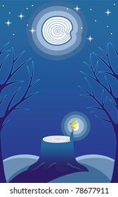 Firefly sits on a tree stump. Moon as a cross section of the tree.