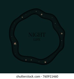 Firefly summer night background design template with glowworms flying in a circle. 3D paper cut and craft. Inspiration card for wedding, save the date, birthday, party invitation. Vector illustration.