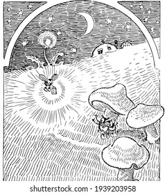 Firefly, this scene show a firefly with a lantern going towards two insects taking shelter under a mushroom, and moon, stars, flowers in background, vintage line drawing or engraving illustration