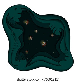 Firefly tropical design template with dark green palm leaves and bokeh lights made in 3D paper cut and craft style. Luminous bugs glowing at night. Trendy botanical vector illustration. 