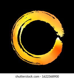 Fire-gold circle on a black background, abstract background, round frame.