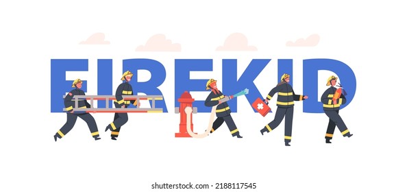 Firekid Concept, Poster with Children Fire Fighters Characters in Uniform Holding Ladder, First Aid Kit, Extinguisher. Kids Firemen Fighting with Blaze Banner or Flyer. Cartoon Vector Illustration