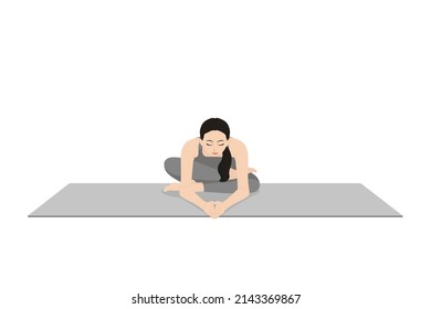 Firelog Pose Variation Forward Bend. Beautiful girl practice Agnistambhasana Variation Forward Bend. Young attractive woman practicing yoga exercise. working out, black wearing sportswear, grey pants 