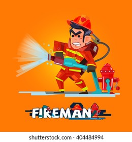 Fireman in action. Firefighter pours from a fire hose. character design with typographic - vector illustration