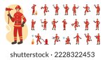 Fireman actions. Fire rescue. Emergency service. Man worker with firefighting equipment. Male person at job. Disaster safety. Extinguishers poses set. Vector cartoon tidy illustration