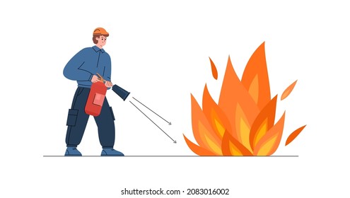 Fireman aims fire extinguisher nozzle to the flame, flat vector illustration isolated on white background. Tool or equipment to prevent danger or emergency. Cartoon character in helmet.