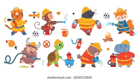 Fireman animals. Cute cartoon animal hold emergency hose and buckets, fire extinguisher, hydrant elements. Rescue team nowaday vector clipart