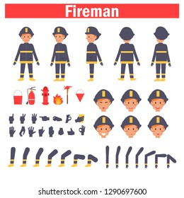 Fireman for animation. Poses front, rear, side, three quarter. Creation set. Collection of emotions. Vector. Cartoon. Isolated art on white background. Flat Different positions of hands