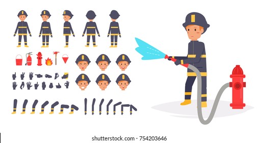 Fireman for animation. Poses front, rear, side, three quarter. Creation set. Collection of emotions. Vector. Cartoon. Isolated art on white background. Flat. Different positions of the hands