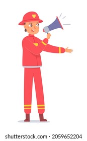 Fireman announcing fire alarm in megaphone vector illustration. Cartoon man wearing red firefighter costume, holding loudspeaker during evacuation from building, educational training isolated on white