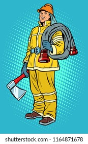 fireman with axe and hydrant. Pop art retro vector illustration vintage kitsch