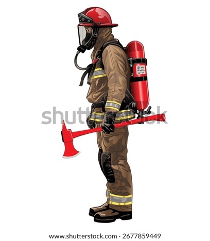 Fireman with axe and oxygen tank