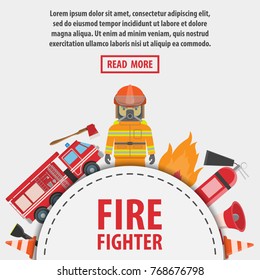 Fireman banner. Set of fire equipment. Vector fire man tools . Flat cartoon fire equipment objects isolated on white background. Fire safety objects.