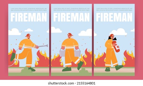 Feuerwehrbanner mit professionellen Feuerwehrleuten mit Wasserschlauch und Leiter. Vertikale Vektorplakate mit flacher Illustration von Feuerwehr, Mann und Frau in Helm und Sicherheitskostüm Rettung von Kindern