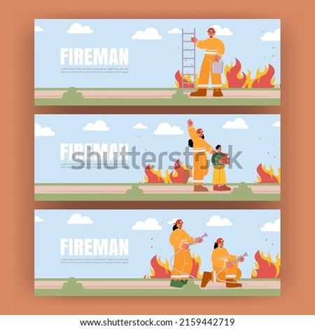 Fireman banners with professional fire fighters with water hose and ladder. Vector posters with flat illustration of fire brigade, man and woman in helmet and safety costume rescues kid